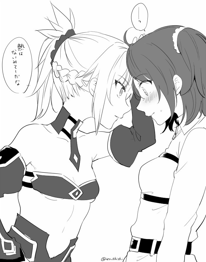 2girls beltbra blush braid breasts collared_shirt commentary_request detached_collar detached_sleeves fate/grand_order fate_(series) french_braid from_side fujimaru_ritsuka_(female) greyscale hair_ornament hair_scrunchie hand_on_another's_head hand_up ica long_sleeves monochrome mordred_(fate) mordred_(fate)_(all) multiple_girls ponytail scrunchie shirt small_breasts translation_request twitter_username wide-eyed wing_collar yuri