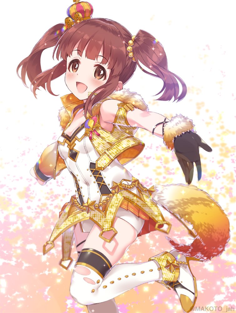 1girl asymmetrical_sleeves blush boots breasts brown_eyes brown_hair cleavage commentary cropped_jacket crown detached_sleeves eyebrows_visible_through_hair fake_tail fox_tail fur_trim gloves hair_bobbles hair_ornament high_heel_boots high_heels idolmaster idolmaster_cinderella_girls idolmaster_cinderella_girls_starlight_stage knee_boots long_hair mini_crown mizuki_makoto ogata_chieri open_mouth party_time_gold short_shorts shorts single_glove small_breasts smile solo sparkle star tail twintails twitter_username