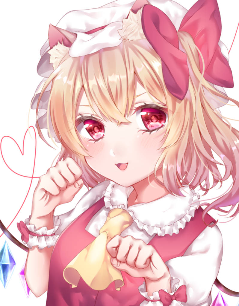 1girl :3 animal_ears arms_up bangs blonde_hair breasts cat_ears cravat crystal eyelashes flandre_scarlet frilled_shirt_collar frills hair_between_eyes hair_ribbon hat head_tilt heart heart_of_string kemonomimi_mode kuramira light_blush looking_at_viewer mob_cap open_mouth paw_pose puffy_short_sleeves puffy_sleeves red_eyes red_string red_vest ribbon shirt short_hair short_sleeves side_ponytail simple_background small_breasts smile solo string touhou upper_body vest white_background white_shirt wings wrist_cuffs yellow_neckwear