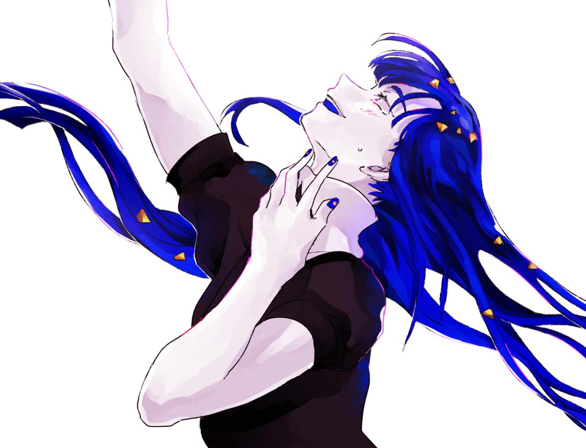 1other androgynous bangs blue_eyes blue_hair blue_nails blush gem_uniform_(houseki_no_kuni) houseki_no_kuni lapis_lazuli_(houseki_no_kuni) long_hair nail_polish necktie open_mouth simple_background smile solo tezo_(mokka_mk) white_background