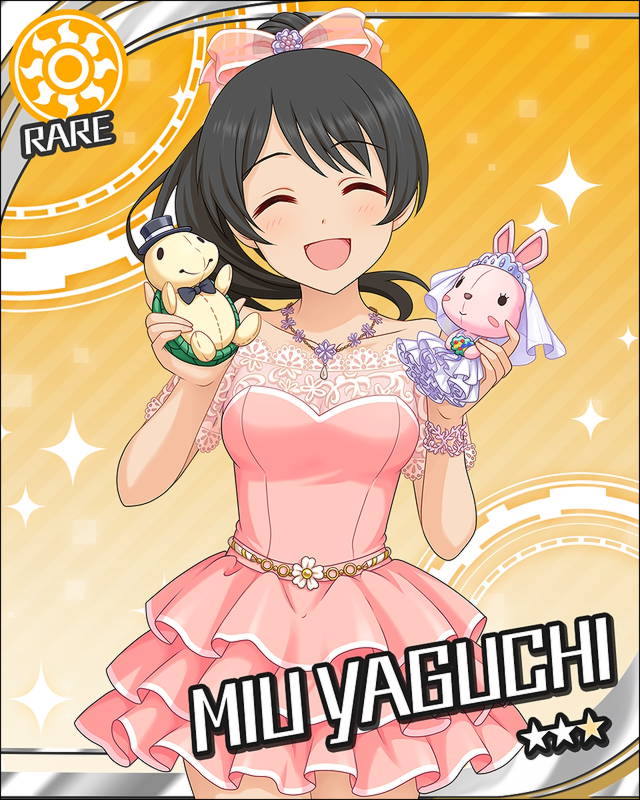 black_hair blush character_name closed_eyes dress idolmaster idolmaster_cinderella_girls long_hair ponytail smile stars yaguchi_miu