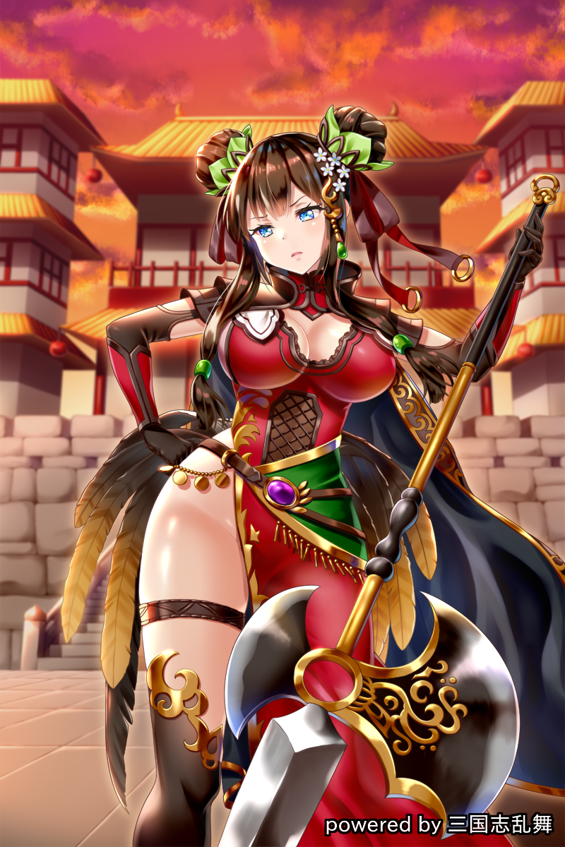 1girl bangs black_gloves black_legwear blue_eyes breasts brown_hair brown_ribbon character_request cleavage cleavage_cutout closed_mouth clouds cloudy_sky double_bun dress elbow_gloves eyebrows_visible_through_hair feathers gloves hair_ornament hair_ribbon hakuda_tofu halberd hand_up head_tilt highres holding holding_weapon large_breasts light_frown long_hair looking_at_viewer no_panties official_art outdoors pagoda polearm red_dress red_sky ribbon sangokushi_ranbu side_bun sky sleeveless sleeveless_dress solo stairs standing stone_stairs stone_wall sunset thigh-highs thigh_strap v-shaped_eyebrows wall watermark weapon wrist_guards