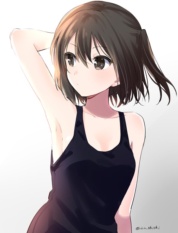 1girl alternate_costume arm_behind_back armpits bare_arms bare_shoulders black_shirt brown_eyes brown_hair commentary_request detached_sleeves gradient gradient_background grey_background hand_up ica kantai_collection sendai_(kantai_collection) shirt solo twintails twitter_username upper_body