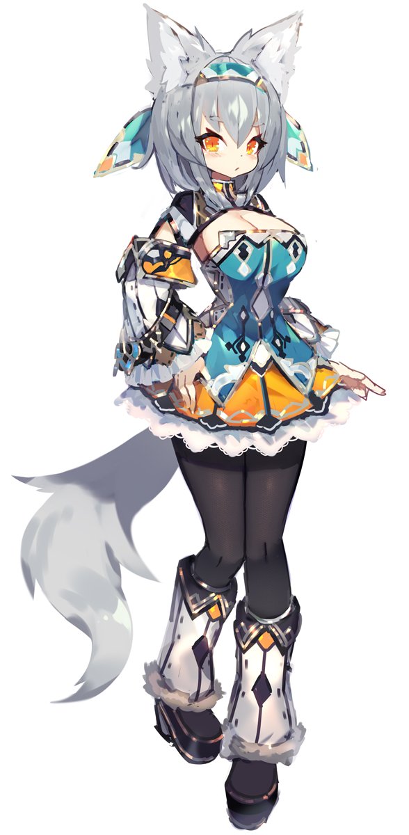 1girl animal_ears arm_belt blush boots breasts capelet cleavage detached_sleeves dress eyebrows eyebrows_visible_through_hair frilled_skirt frilled_sleeves frills full_body fur-trimmed_boots fur_trim grey_hair hair_between_eyes hair_ornament hairband highres knee_boots looking_at_viewer mamuru medium_breasts orange_eyes original pantyhose short_hair simple_background skirt sleeveless sleeveless_dress solo strapless strapless_dress tail white_background wide_sleeves wolf_ears wolf_tail
