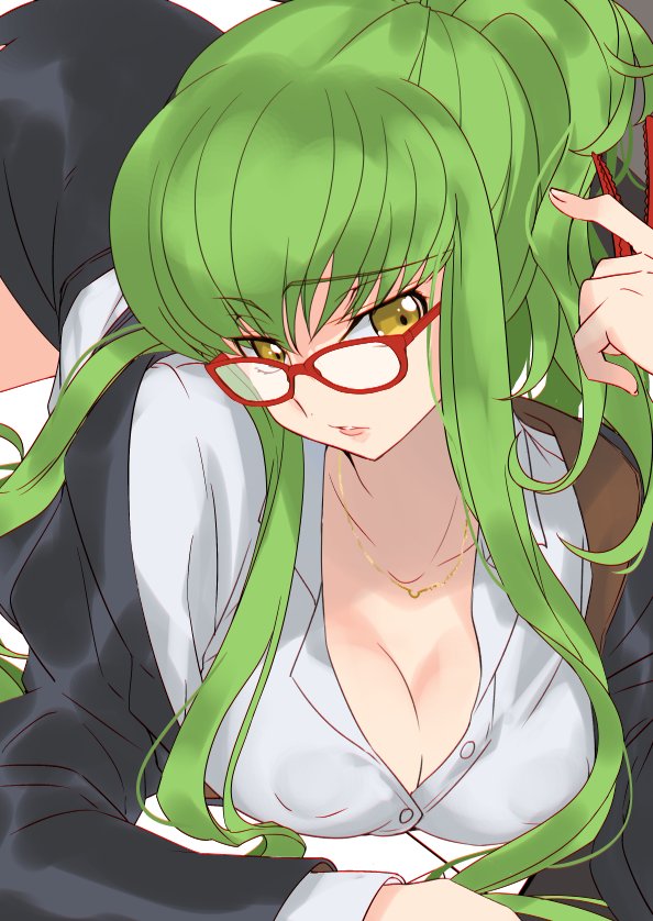 1girl all_fours bangs bent_over black_skirt breasts business_suit c.c. cleavage code_geass collarbone collared_shirt creayus dress_shirt erect_nipples eyebrows_visible_through_hair formal glasses green_hair hanging_breasts jacket jewelry large_breasts long_hair lying miniskirt necklace office_lady on_stomach pencil_skirt pursed_lips red_glasses shirt sidelocks skirt skirt_suit solo suit yellow_eyes