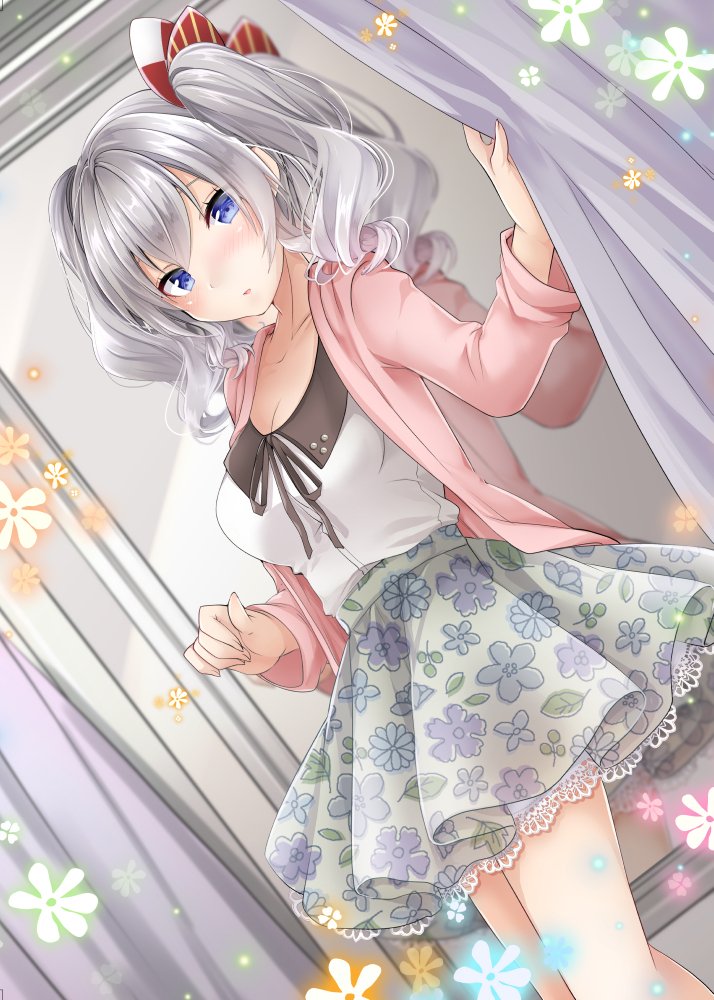 1girl akatsuki_hijiri alternate_costume blue_eyes blush breasts cleavage collarbone floral_print green_skirt hair_between_eyes kantai_collection kashima_(kantai_collection) long_sleeves medium_breasts no_hat no_headwear parted_lips pleated_skirt shirt short_hair silver_hair skirt solo two_side_up white_shirt