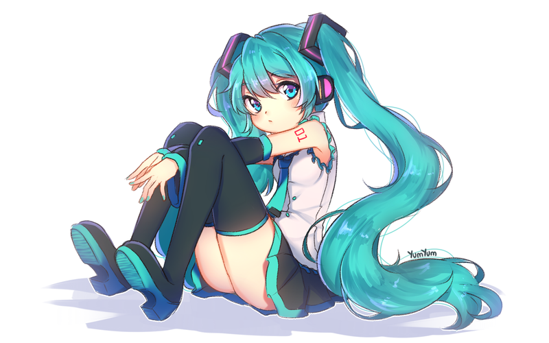 armpits ass bangs bare_shoulders blue_eyes blue_hair boots breasts chibi frills full_body gloves hair_ornament hatsune_miku headphones long_hair looking_at_viewer necktie sitting small_breasts thigh-highs twintails yumyum