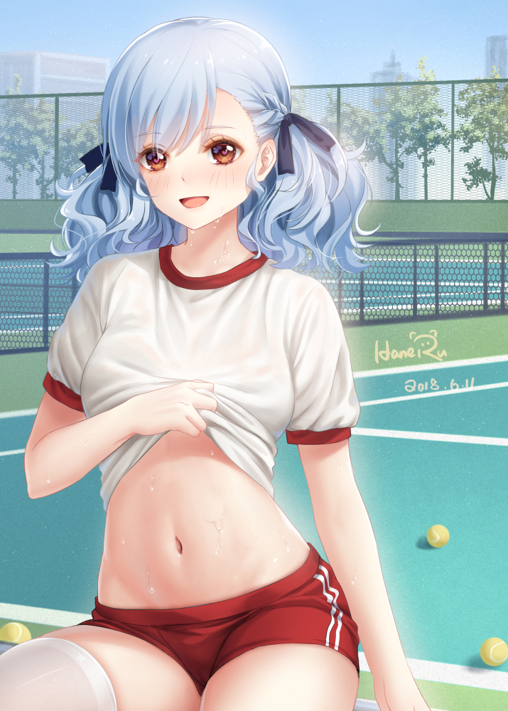 1girl ball blush braid buruma commentary_request dated day eyebrows_visible_through_hair girls_frontline gym_shirt gym_uniform hair_ribbon haneru heart heart-shaped_pupils long_hair looking_at_viewer navel open_mouth outdoors red_buruma red_eyes ribbon shirt shirt_lift short_sleeves signature silver_hair sitting smile solo spas-12_(girls_frontline) sweat symbol-shaped_pupils tennis_ball tennis_court twintails wet wet_clothes wet_shirt white_shirt