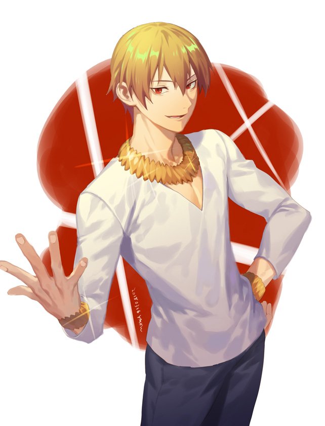 1boy black_pants blonde_hair bracelet commentary_request fate/zero fate_(series) fingernails gilgamesh glint gold hand_on_hip jewelry long_sleeves looking_at_viewer male_focus necklace pants parted_lips red_eyes shirt signature smile solo white_shirt yamakawa