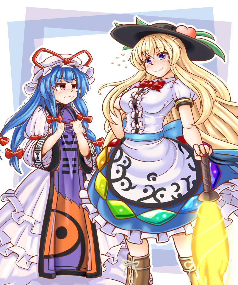2girls alternate_hairstyle anger_vein armband bangs blonde_hair blue_eyes blue_hair boots bow breasts clothes_grab commentary_request cosplay costume_switch cross-laced_footwear dress eyebrows_visible_through_hair flying_sweatdrops food frilled_skirt frills fruit hair_between_eyes hair_ribbon hand_on_hip hands_on_own_chest hat hat_ribbon hinanawi_tenshi knee_boots layered_dress layered_skirt leaf long_hair long_sleeves looking_at_another looking_at_viewer mail_(mail_gell) medium_breasts mob_cap multiple_girls peach pout puffy_short_sleeves puffy_sleeves red_bow red_eyes ribbon short_sleeves skirt smile standing sword_of_hisou tabard tight_dress touhou trembling tress_ribbon trigram wavy_mouth white_dress yakumo_yukari yin_yang