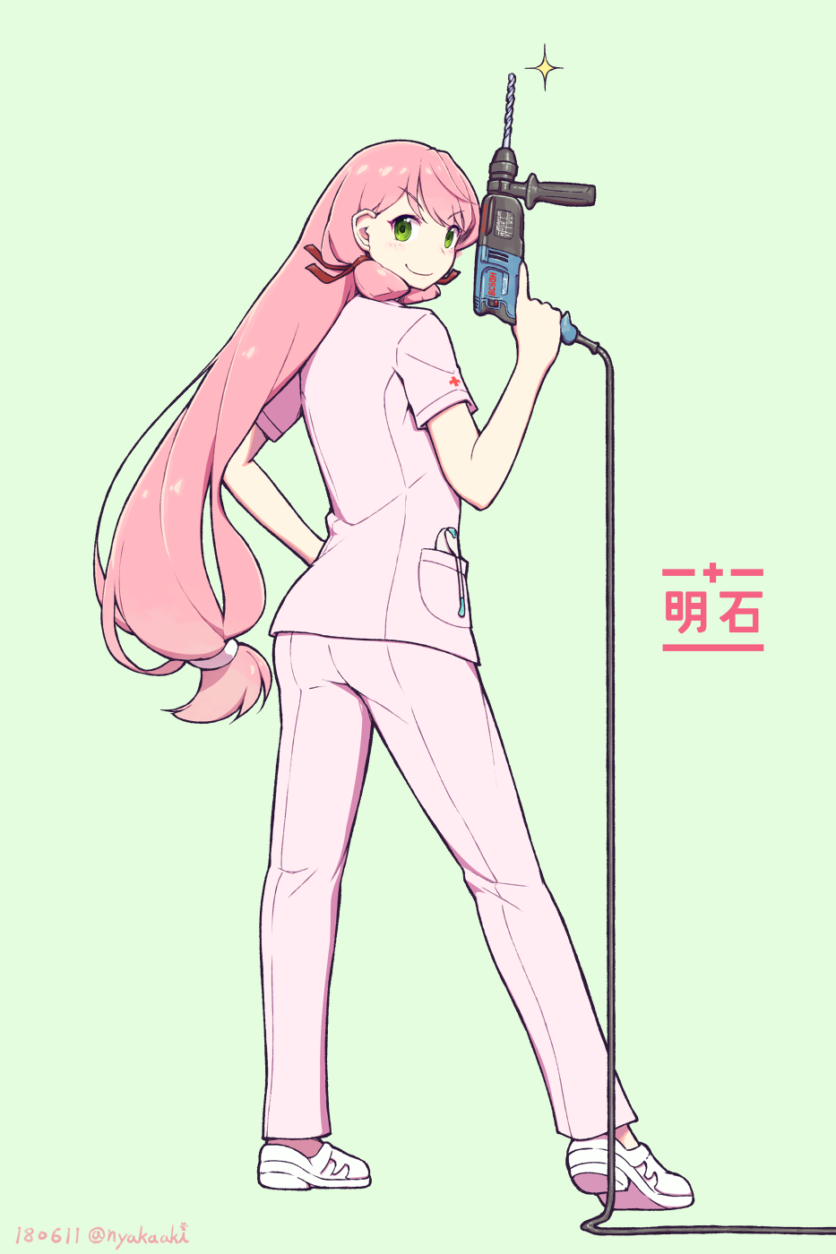 &gt;:) 1girl akashi_(kantai_collection) alternate_costume character_name dated drill green_background green_eyes hair_ribbon highres holding kantai_collection long_hair mumyoudou pants pink_hair pink_pants pink_shirt red_ribbon ribbon shirt short_sleeves simple_background smile solo sparkle tress_ribbon twitter_username v-shaped_eyebrows white_footwear