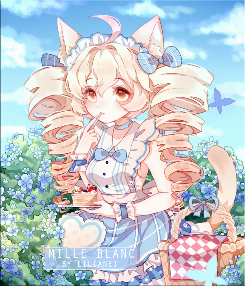 animal_ears apron armpits bangs bare_arms blonde_hair bow brown_eyes cake choker commission dress drill_hair flower food frills hair_bow hair_ornament lilianei long_hair maid maid_apron maid_headdress original picnic sailor_collar tail twin_drills twintails upper_body