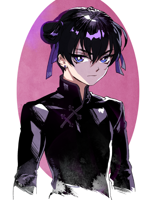 1boy bangs black_hair bright_pupils china_dress chinese_clothes closed_mouth commentary_request copyright_request double_bun dress earrings hair_between_eyes hair_ornament jewelry long_sleeves looking_at_viewer male_focus oollnoxlloo pink_background solo upper_body violet_eyes