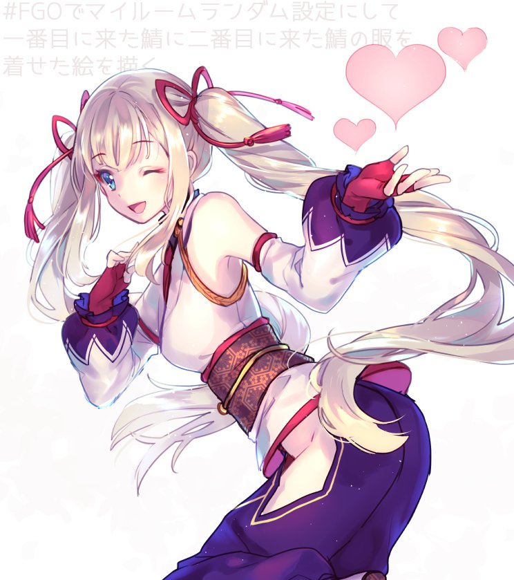 1girl ;d blue_eyes cosplay fate/grand_order fate_(series) hair_ribbon long_hair marie_antoinette_(fate/grand_order) momoko_(momoko14) one_eye_closed open_mouth ribbon side_slit silver_hair smile solo tomoe_gozen_(fate/grand_order) tomoe_gozen_(fate/grand_order)_(cosplay) twintails