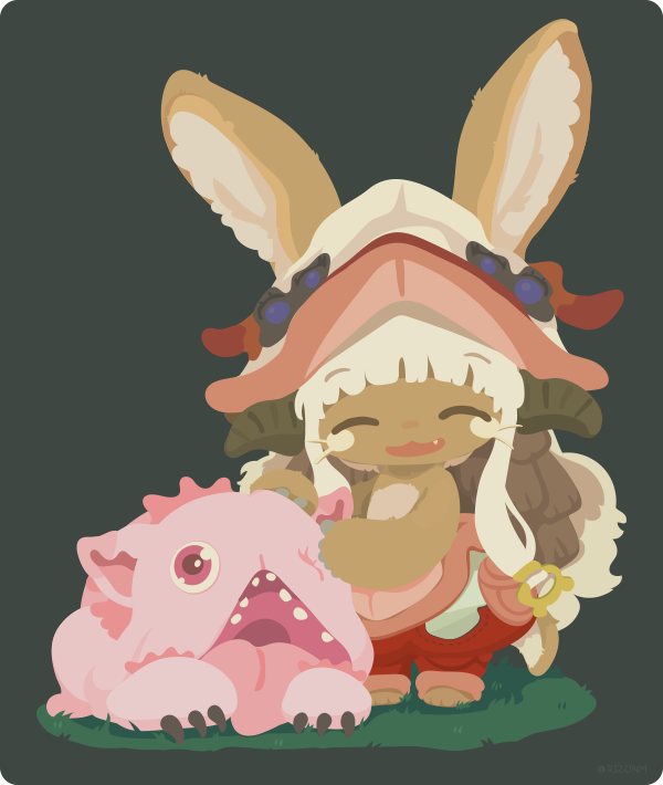 1girl :3 :d ^_^ animal_ears barefoot chibi closed_eyes eyebrows_visible_through_hair fang furry grass horns long_hair made_in_abyss mitty_(made_in_abyss) nanachi_(made_in_abyss) open_mouth pants rabbit_ears rizu_(rizunm) smile topless whiskers white_hair