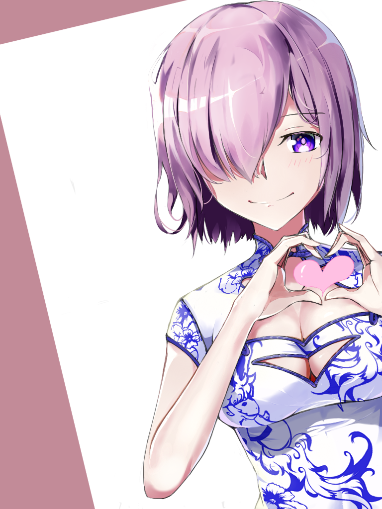 1girl animal_print breasts cleavage cleavage_cutout dutch_angle eyebrows_visible_through_hair fate/grand_order fate_(series) fou_(fate/grand_order) hair_over_one_eye heart heart_hands long_hair looking_at_viewer mash_kyrielight medium_breasts pink_hair short_hair sleeveless smile solo ttkm upper_body violet_eyes