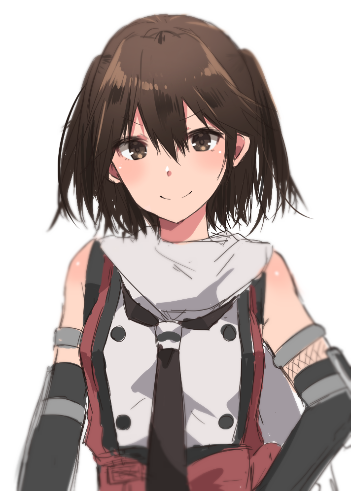 1girl bare_shoulders black_neckwear brown_eyes brown_hair closed_mouth detached_sleeves hair_between_eyes kantai_collection looking_at_viewer necktie red_vest rinto_(rint_rnt) scarf sendai_(kantai_collection) short_hair simple_background smile solo twintails upper_body vest white_background white_scarf