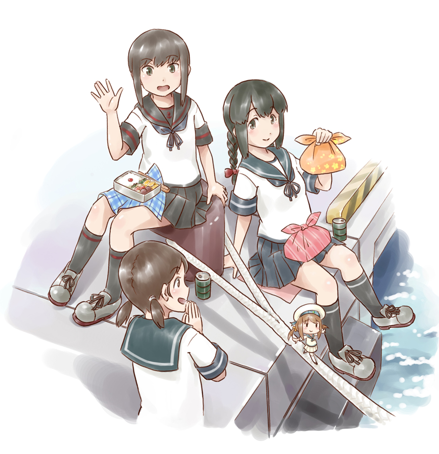 3girls anchor_symbol bangs black_eyes black_hair black_legwear black_sailor_collar black_skirt blue_sailor_collar blue_skirt braid brown_eyes brown_hair commentary_request drum_(container) fairy fairy_(kantai_collection) fubuki_(kantai_collection) full_body isonami_(kantai_collection) kantai_collection karasu_(naoshow357) kneehighs low_ponytail low_twintails multiple_girls neckerchief obentou parted_bangs pleated_skirt ponytail remodel_(kantai_collection) sailor_collar school_uniform serafuku shirayuki_(kantai_collection) short_hair short_ponytail short_twintails sidelocks sitting skirt twin_braids twintails