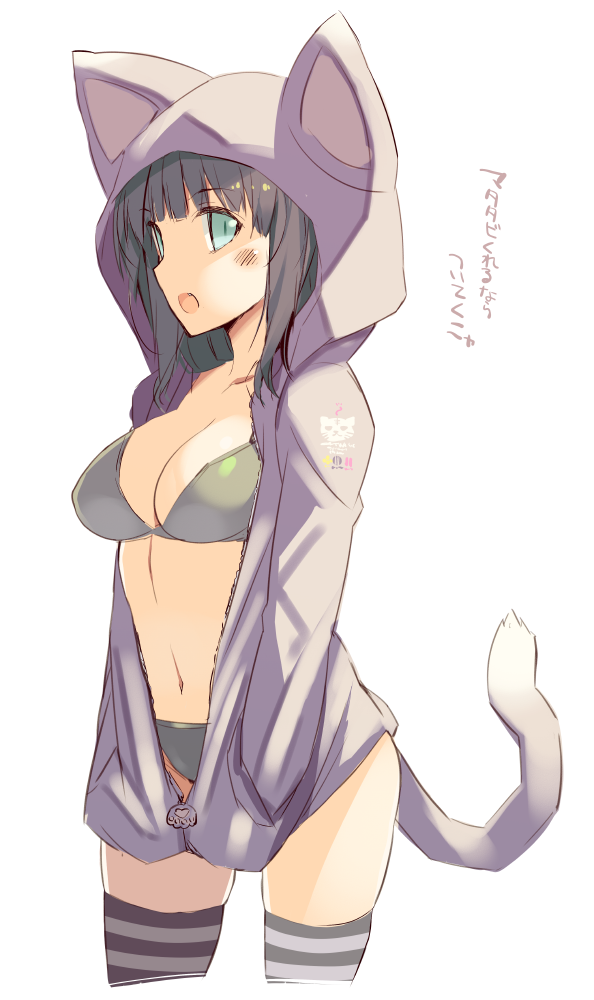 1girl :d animal_ears animal_hood blush bra breasts brown_hair cowboy_shot eyebrows_visible_through_hair green_eyes grey_bra grey_panties hands_in_pockets hood hood_up large_breasts long_sleeves looking_at_viewer oota_yuuichi open_mouth original panties sideways_mouth simple_background slit_pupils smile solo striped striped_legwear tail thigh-highs translated underwear white_background