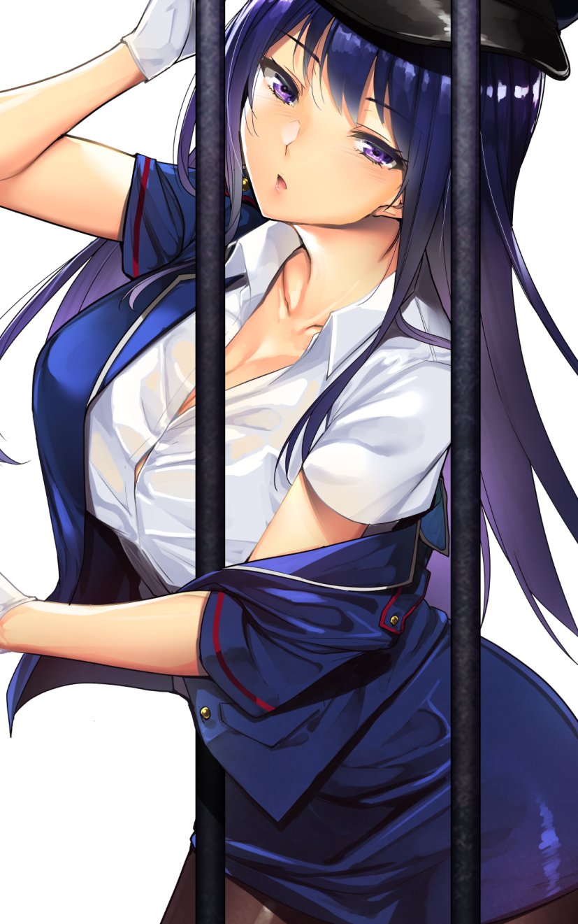1girl arm_up bars black_hat blue_jacket blue_skirt blush breasts cleavage collarbone commentary dress_shirt gloves hat highres jacket large_breasts long_hair open_clothes open_jacket open_mouth original pantyhose prison purple_hair see-through shirt short_sleeves skirt tomohiro_kai violet_eyes white_gloves white_shirt