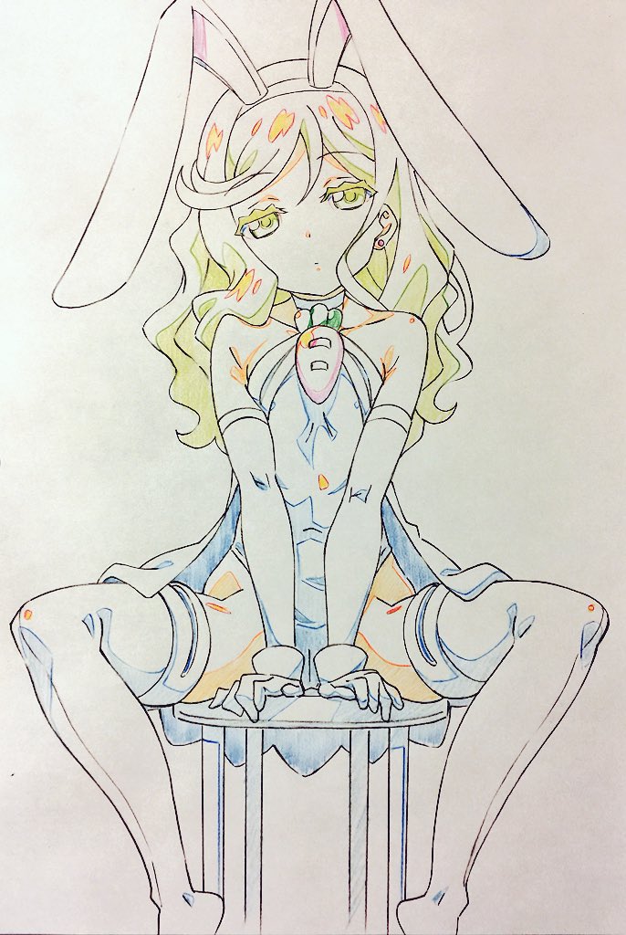 1girl animal_ears armpits boots cape carrot chair covered_navel elbow_gloves food_themed_ornament gloves hairband leotard looking_at_viewer makenai-chan original rabbit_ears sharekoube sitting sleeveless thigh-highs thigh_boots traditional_media wavy_hair
