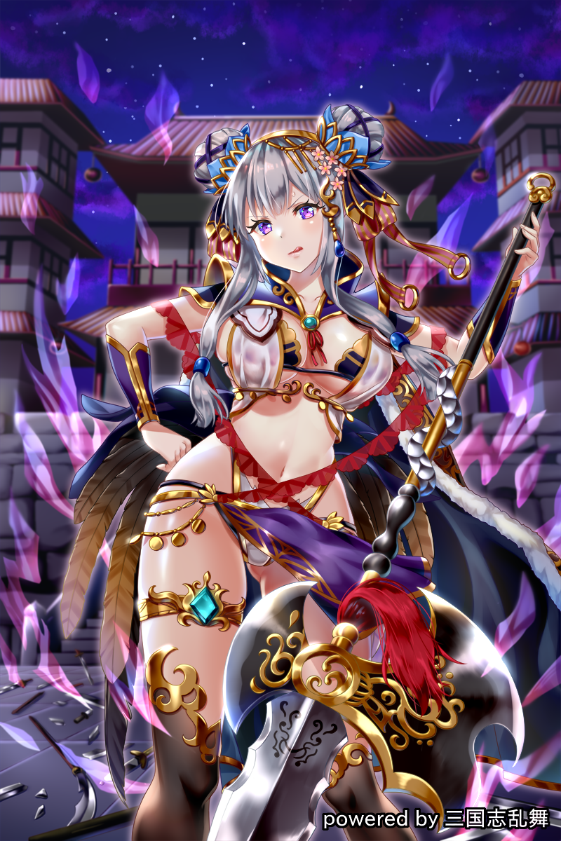 1girl aura bangs black_legwear breasts broken broken_weapon character_request cleavage closed_mouth clouds cloudy_sky collarbone dark_aura double_bun eyebrows_visible_through_hair feathers flower glaive hair_flower hair_ornament hakuda_tofu halberd hand_up head_tilt highres holding holding_weapon large_breasts licking_lips long_hair looking_at_viewer night night_sky official_art outdoors pagoda pink_flower planted_sword planted_weapon polearm purple_sky revealing_clothes sangokushi_ranbu side_bun silver_hair sky smile solo stairs standing star_(sky) starry_sky stone_stairs stone_wall sword thigh-highs thigh_strap tongue tongue_out violet_eyes wall watermark weapon wrist_guards
