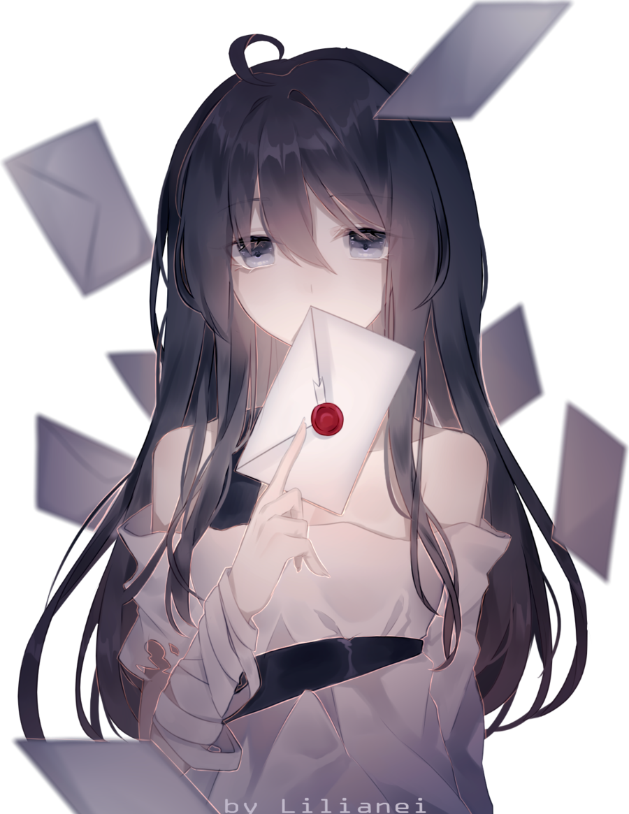 arm_up bandage bandaged_arm bangs bare_shoulders black_hair commission covering_mouth grey_eyes holding letter lilianei long_hair looking_at_viewer original upper_body