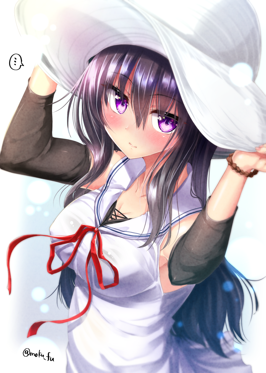 ... 1girl black_hair blue_background blush bracelet breasts detached_sleeves dress hat highres holding holding_hat jewelry lens_flare long_hair looking_at_viewer mokufuu original red_ribbon ribbon sailor_collar solo spoken_ellipsis sun_hat twitter_username violet_eyes white_background white_dress