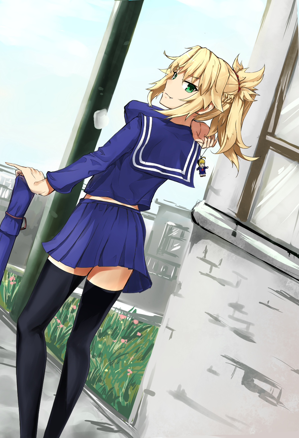 1girl bangs black_legwear blonde_hair blue_serafuku blue_shirt blue_skirt day eyebrows_visible_through_hair fate/apocrypha fate_(series) green_eyes hair_between_eyes hair_ornament hair_scrunchie highres holding long_hair looking_at_viewer looking_back miniskirt mordred_(fate) mordred_(fate)_(all) outdoors pleated_skirt ponytail red_scrunchie road school_uniform scrunchie serafuku shirt skirt solo street thigh-highs ttkm zettai_ryouiki