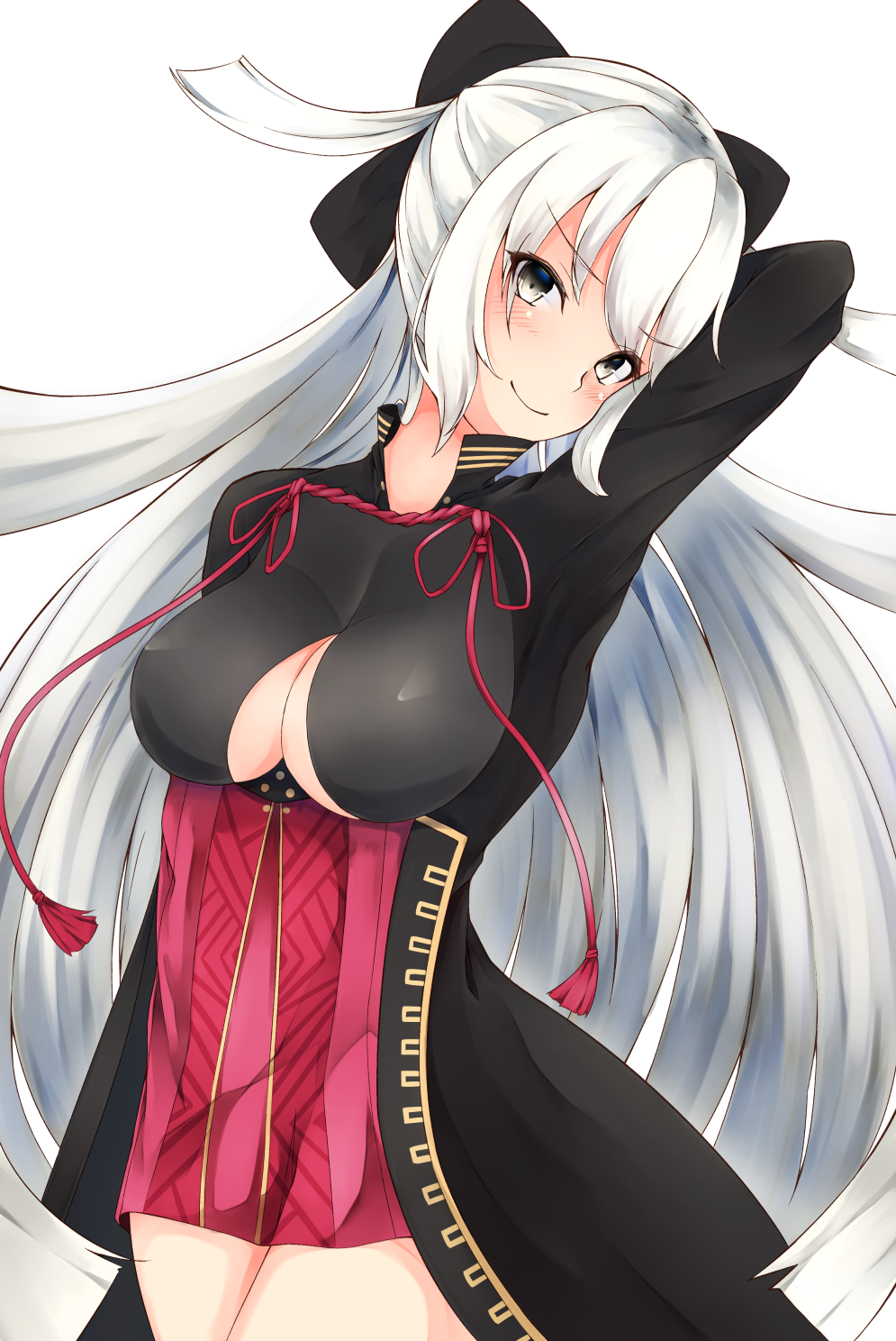 1girl arm_up black_bow black_coat blush bow breasts cleavage cleavage_cutout closed_mouth commentary_request dress fate/grand_order fate_(series) grey_eyes hair_bow head_tilt highres koha-ace long_hair long_sleeves looking_at_viewer majin_saber medium_breasts okita_souji_(fate) okita_souji_alter_(fate) red_dress short_dress silver_hair simple_background siroimo0828 smile solo very_long_hair white_background