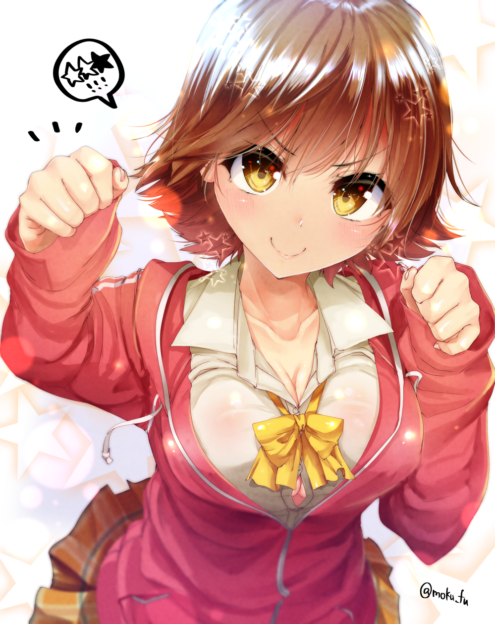 &gt;:) /\/\/\ 1girl bow bowtie breasts brown_eyes brown_hair cleavage clenched_hands collared_shirt highres jacket looking_at_viewer mokufuu orange_skirt original pleated_skirt red_jacket shirt short_hair skirt smile solo speech_bubble spoken_star star starry_background striped striped_skirt twitter_username vertical-striped_skirt vertical_stripes white_background white_shirt yellow_neckwear