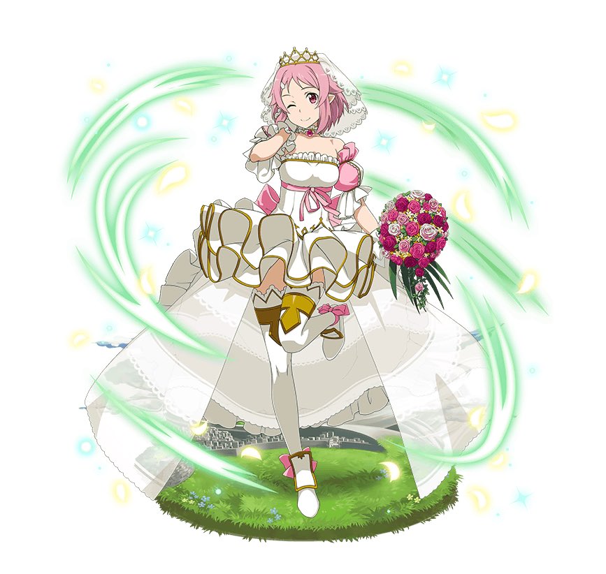 1girl ;) ankle_ribbon arm_strap back_bow bouquet bow bridal_veil choker collarbone diadem dress faux_figurine flower full_body gloves hair_ornament hairclip hand_in_hair holding holding_bouquet layered_dress lisbeth_(sao-alo) looking_at_viewer one_eye_closed one_leg_raised pink_bow pink_flower pink_hair pink_ribbon pink_rose pointy_ears red_eyes red_flower red_rose ribbon rose see-through short_dress short_hair simple_background sleeveless sleeveless_dress smile solo standing standing_on_one_leg strapless strapless_dress sword_art_online thigh-highs veil waist_cape wedding_dress white_background white_dress white_flower white_gloves white_legwear white_rose