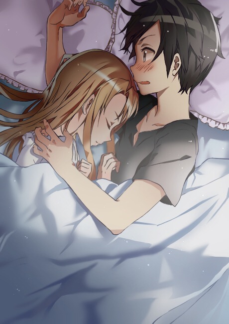 1boy 1girl bed_sheet black_hair black_shirt blush brown_hair character_request closed_eyes collarbone couple embarrassed frilled_pillow frills from_above kirito long_hair lying on_side open_mouth pillow poi_himeya shirt sleeping sword_art_online under_covers upper_body