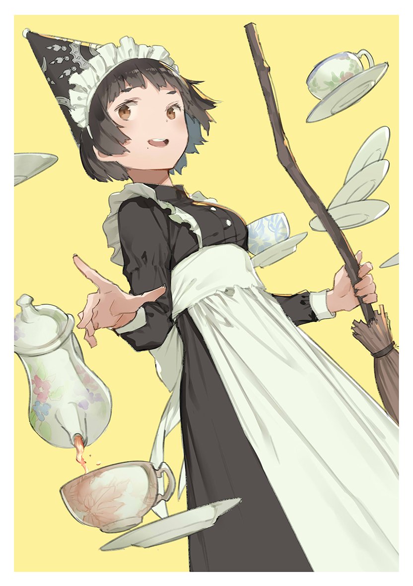 1girl apron back_bow black_dress black_hair bow breasts broom brown_eyes commentary_request cup dress grin holding holding_broom large_bow long_hair maid_headdress mogumo pouring saucer small_breasts smile solo standing tea teacup teapot waist_apron white_background yellow_background