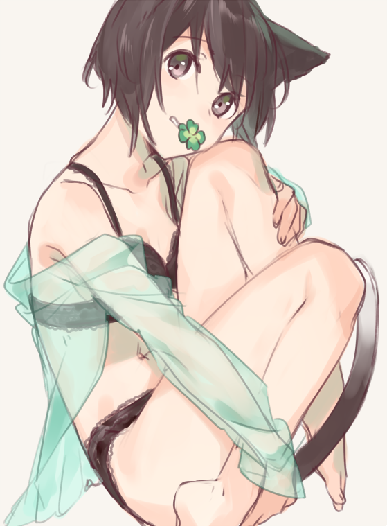 1girl animal_ears asahikawa_hiyori bare_legs bare_shoulders barefoot black_bra black_panties bra brown_eyes brown_hair cat_ears cat_tail clover four-leaf_clover grey_background looking_at_viewer mouth_hold original panties see-through simple_background smile solo tail underwear underwear_only