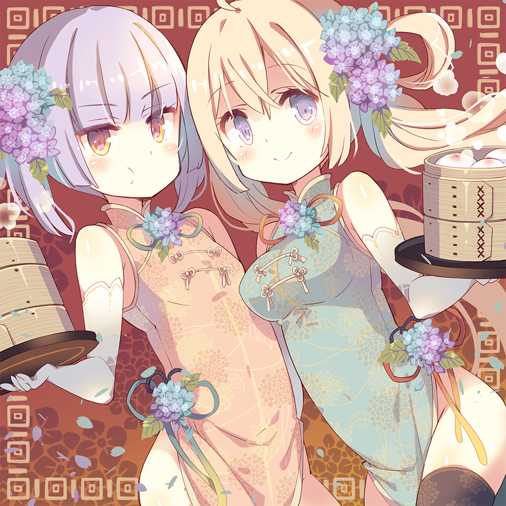 2girls baozi blonde_hair blush brown_eyes china_dress chinese_clothes dress elbow_gloves flower food gloves hair_flower hair_ornament hydrangea looking_at_viewer multiple_girls original purple_hair thigh-highs violet_eyes yamadori_yoshitomo