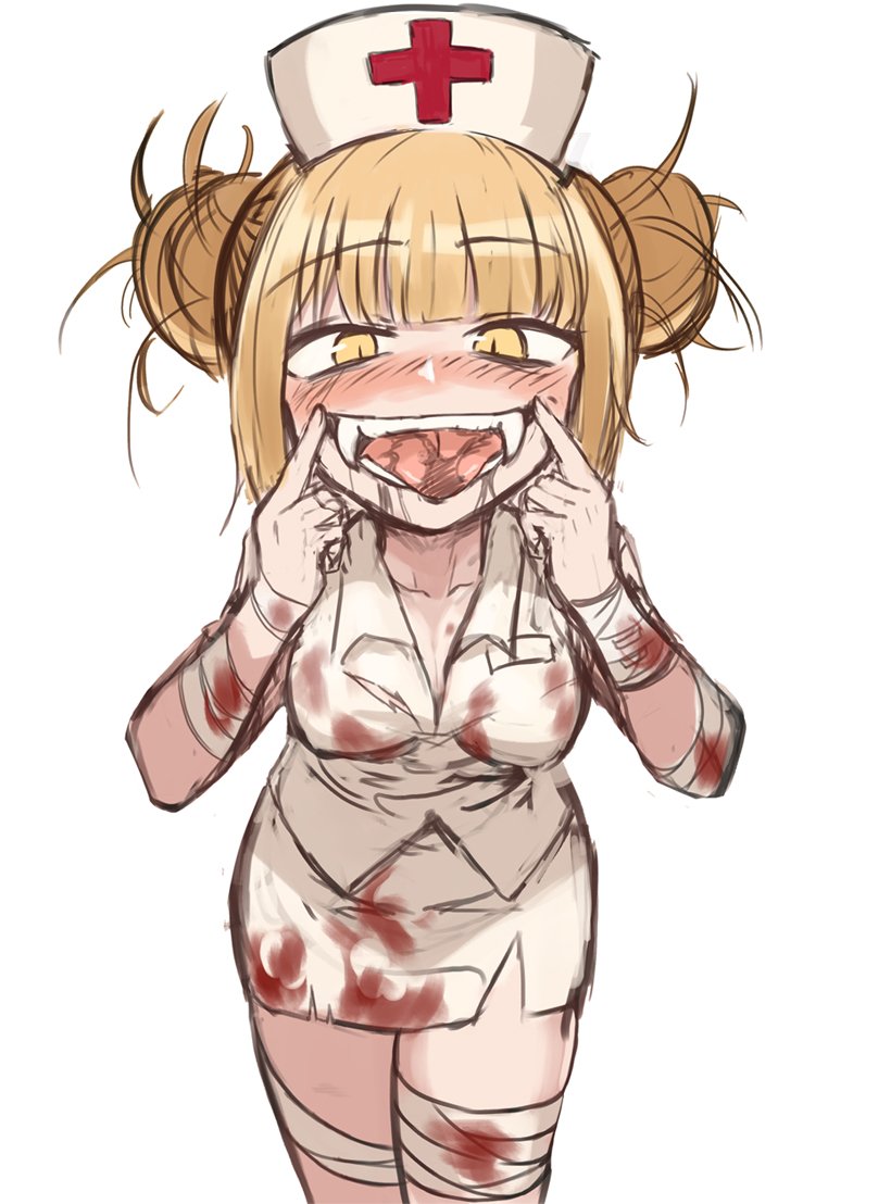 1girl bandage bandaged_arm bandaged_leg blonde_hair blood bloody_bandages bloody_clothes blush boku_no_hero_academia collared_shirt double_bun fangs hat looking_at_viewer nurse nurse_cap sharp_teeth shirt simple_background slit_pupils solo sookmo teeth toga_himiko white_background white_shirt yellow_eyes