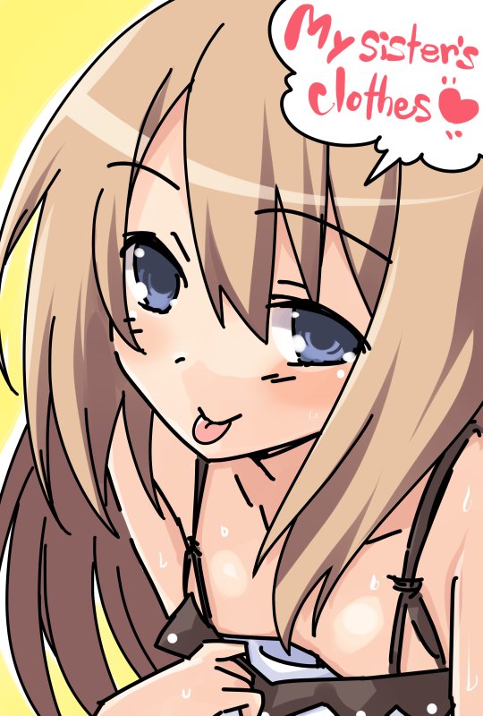 1girl :p bare_shoulders blanc blanc_(cosplay) blue_eyes blush breasts brown_hair commentary_request cosplay dress english hair_between_eyes iwasi-r long_hair looking_at_viewer neptune_(series) ram_(choujigen_game_neptune) small_breasts solo spaghetti_strap tongue tongue_out white_dress