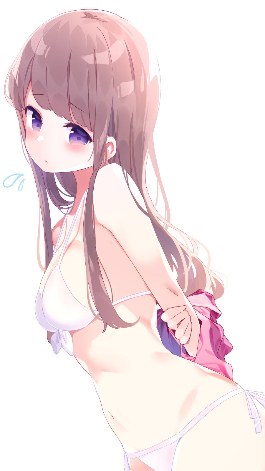 1girl bangs bare_shoulders bikini blush breasts chikuwa. closed_mouth commentary_request eyebrows_visible_through_hair flying_sweatdrops hand_on_own_arm head_tilt highres light_brown_hair long_hair medium_breasts navel original side-tie_bikini sideboob simple_background solo swimsuit undressing very_long_hair violet_eyes white_background white_bikini