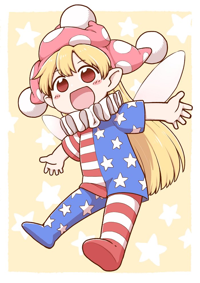 1girl :d american_flag_dress american_flag_legwear blonde_hair blush chibi clownpiece commentary_request fairy_wings hat jester_cap looking_at_viewer open_mouth outstretched_arms pantyhose poronegi red_eyes short_sleeves smile solo spread_arms star star_print starry_background touhou wings yellow_background