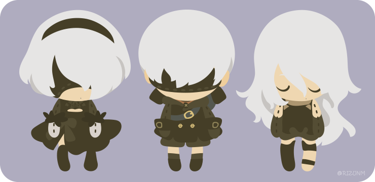 1boy 2girls bangs belt belt_buckle black_dress black_hairband black_legwear blindfold buckle chibi closed_eyes dress hair_between_eyes hairband long_hair long_sleeves mole mole_under_mouth multiple_girls nier_(series) nier_automata rizu_(rizunm) single_thighhigh thigh-highs twitter_username white_hair yorha_no._2_type_b yorha_no._9_type_s yorha_type_a_no._2