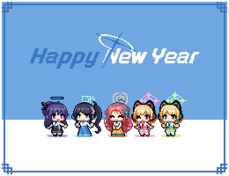 5girls aris_(blue_archive) black_hair blonde_hair blue_archive blue_eyes chima_(clothes) closed_eyes closed_mouth game_development_department_(blue_archive) green_eyes green_halo halo hanbok happy_new_year korean_clothes long_hair long_sleeves mechanical_halo midori_(blue_archive) momoi_(blue_archive) multiple_girls one_eye_closed open_mouth orange_halo pink_halo pixel_art purple_hair red_eyes redforge redhead revision short_hair short_sleeves smile violet_eyes yuuka_(blue_archive) yuzu_(blue_archive)