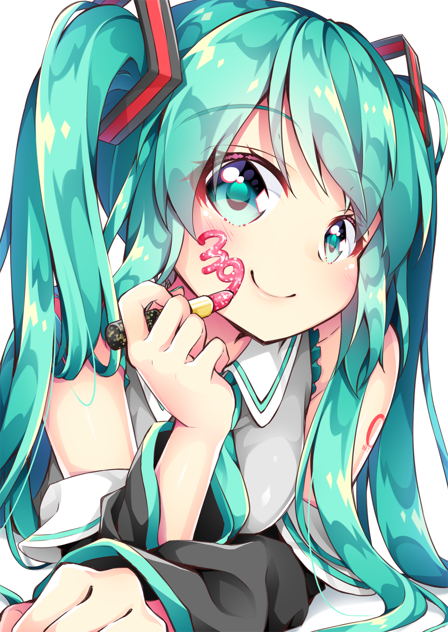 1girl 39 aqua_eyes aqua_hair detached_sleeves eyebrows_visible_through_hair hatsune_miku highres inumine_aya leaning_forward lipstick_tube long_hair looking_at_viewer nail_polish necktie simple_background smile solo twintails upper_body vocaloid white_background