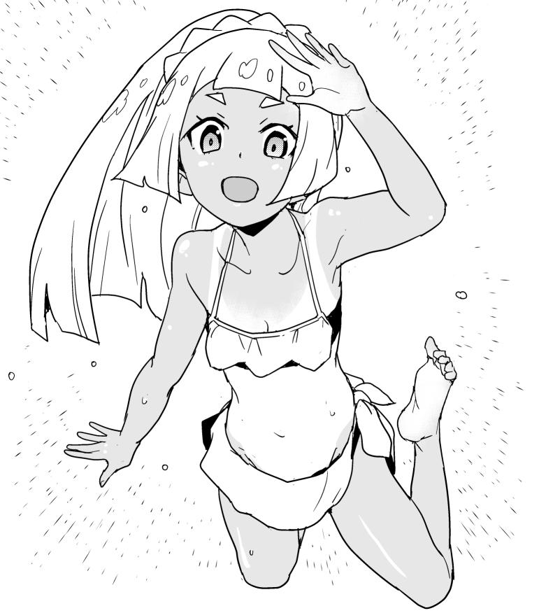 1girl arm_up bikini greyscale heriyama lillie_(pokemon) long_hair monochrome open_mouth pokemon pokemon_(game) pokemon_sm ponytail sarong solo swimsuit tan tanline