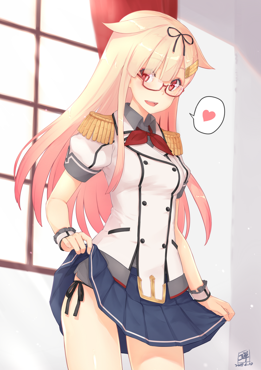 1girl :d alternate_costume artist_name bangs bespectacled black_panties black_ribbon blonde_hair blue_skirt blush buttons cosplay curtains dan_(kumadan) dated epaulettes eyebrows_visible_through_hair glasses gradient_hair grey_shirt hair_between_eyes hair_flaps hair_ornament hair_ribbon hairclip heart highres jacket kantai_collection kashima_(kantai_collection) kashima_(kantai_collection)_(cosplay) kerchief lifted_by_self long_hair looking_at_viewer multicolored_hair open_mouth panties pleated_skirt puffy_short_sleeves puffy_sleeves red-framed_eyewear red_eyes red_neckwear remodel_(kantai_collection) ribbon semi-rimless_eyewear shirt short_sleeves side-tie_panties signature skirt skirt_lift smile solo spoken_heart under-rim_eyewear underwear white_jacket window wing_collar wrist_cuffs yuudachi_(kantai_collection)