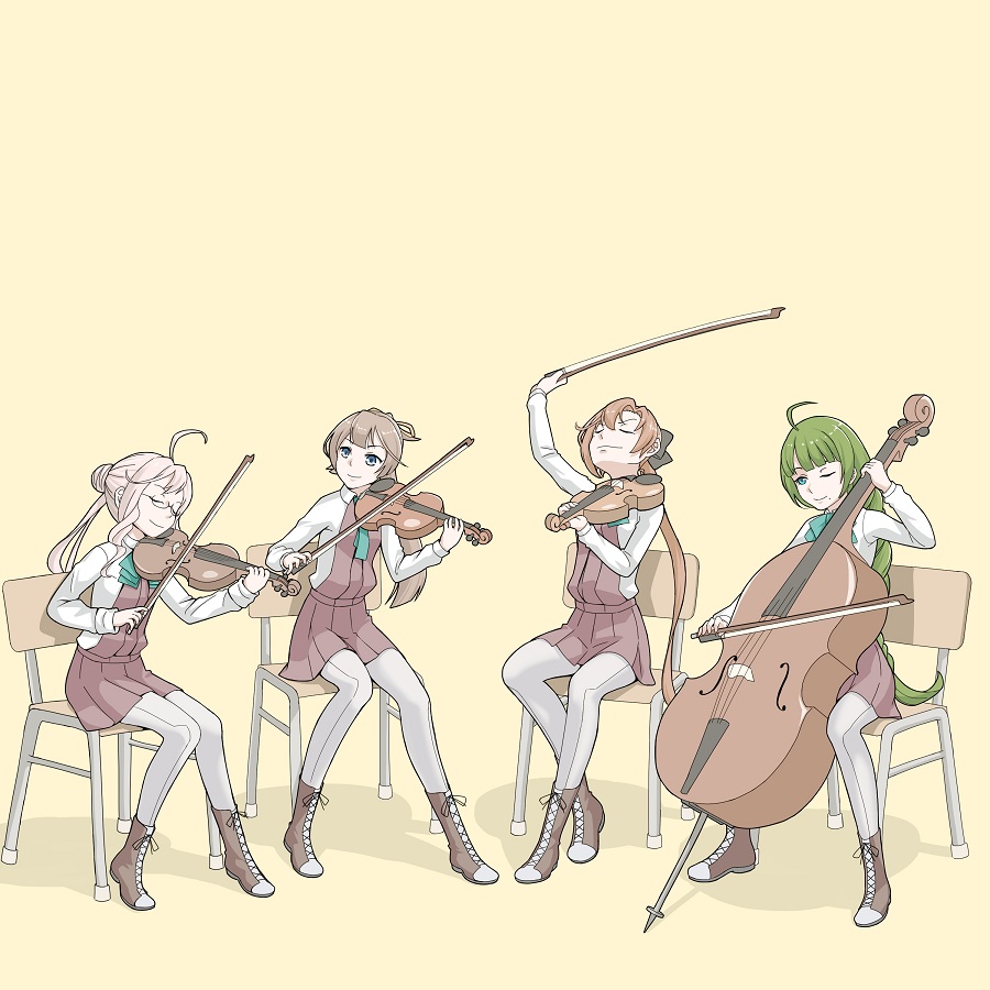 4girls ahoge akigumo_(kantai_collection) ascot bangs black_bow blue_eyes blue_neckwear blunt_bangs boots bow bow_(instrument) brown_hair cello chair closed_eyes cross-laced_footwear green_hair grey_legwear hair_bow hair_bun instrument kantai_collection kazagumo_(kantai_collection) kito_3_tyoki-tyoki lace-up_boots long_hair long_sleeves looking_at_another makigumo_(kantai_collection) mole mole_under_mouth multiple_girls music one_eye_closed orange_background pantyhose pink_hair playing_instrument pleated_skirt ponytail school_uniform shirt sitting skirt smile smug string_quartet very_long_hair viola_(instrument) violin white_shirt yuugumo_(kantai_collection)