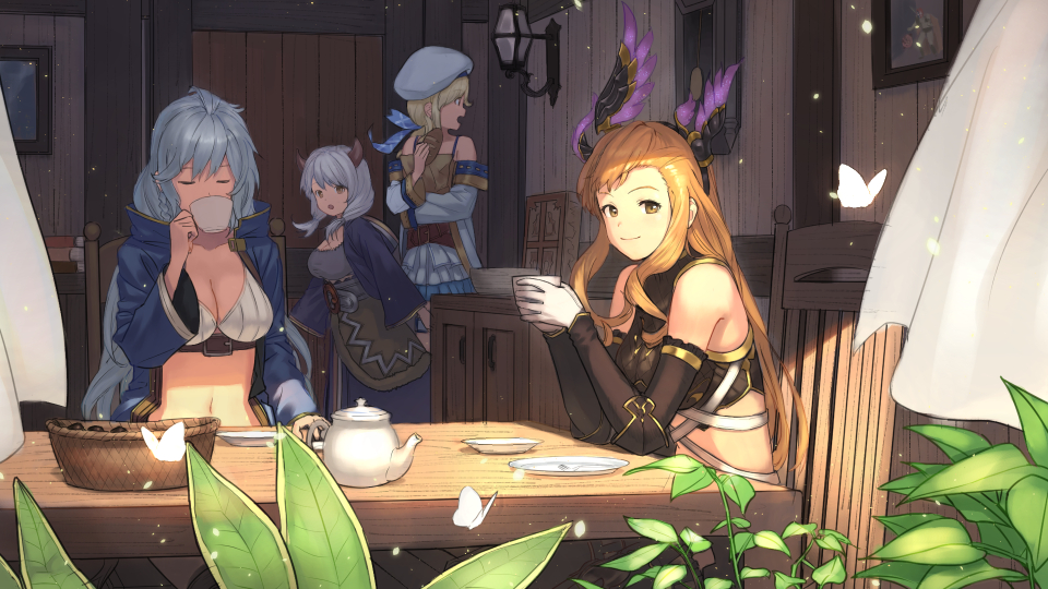 4girls ahoge bangs bare_shoulders beret blonde_hair blue_eyes blush braid breasts brown_eyes brown_hair camieux chair cleavage closed_mouth collarbone commentary_request crop_top cucouroux_(granblue_fantasy) curtains detached_sleeves draph drinking elbows_on_table eyebrows_visible_through_hair gloves granblue_fantasy hair_between_eyes hair_ornament hair_ribbon hairband hat head_wings height_difference indoors lamp large_breasts long_hair long_sleeves looking_at_viewer looking_to_the_side medium_breasts midriff miniskirt multiple_girls navel open_mouth ribbon short_twintails silva_(granblue_fantasy) silver_hair sitting skirt smile song_(granblue_fantasy) table teapot thigh-highs twin_braids twintails very_long_hair wasabi60 wavy_hair window wooden_floor wooden_wall