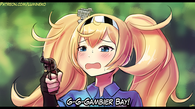 1girl blonde_hair blue_eyes blue_shirt blurry blush character_name collared_shirt commentary depth_of_field english english_commentary finger_on_trigger fingerless_gloves gambier_bay_(kantai_collection) gloves gun hair_between_eyes hairband handgun kantai_collection lumineko meme open_mouth parody revolver scared shirt signature silent_night_deadly_night_part_2 subtitled sweat twintails upper_body weapon