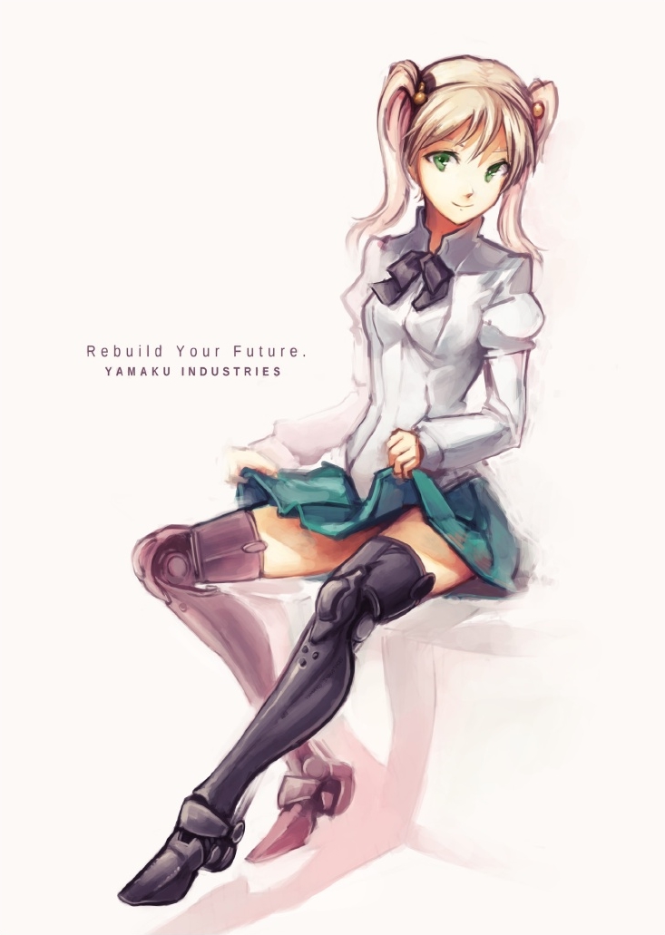 1girl amputee black_neckwear blonde_hair bow bowtie cropped double_amputee english green_eyes green_skirt hair_bobbles hair_ornament ibarazaki_emi juliet_sleeves katawa_shoujo lifted_by_self long_hair long_sleeves looking_at_viewer mechanical_legs prosthesis prosthetic_leg puffy_sleeves saimon_ma school_uniform shadow shirt simple_background sitting skirt skirt_lift smile solo twintails white_background white_shirt