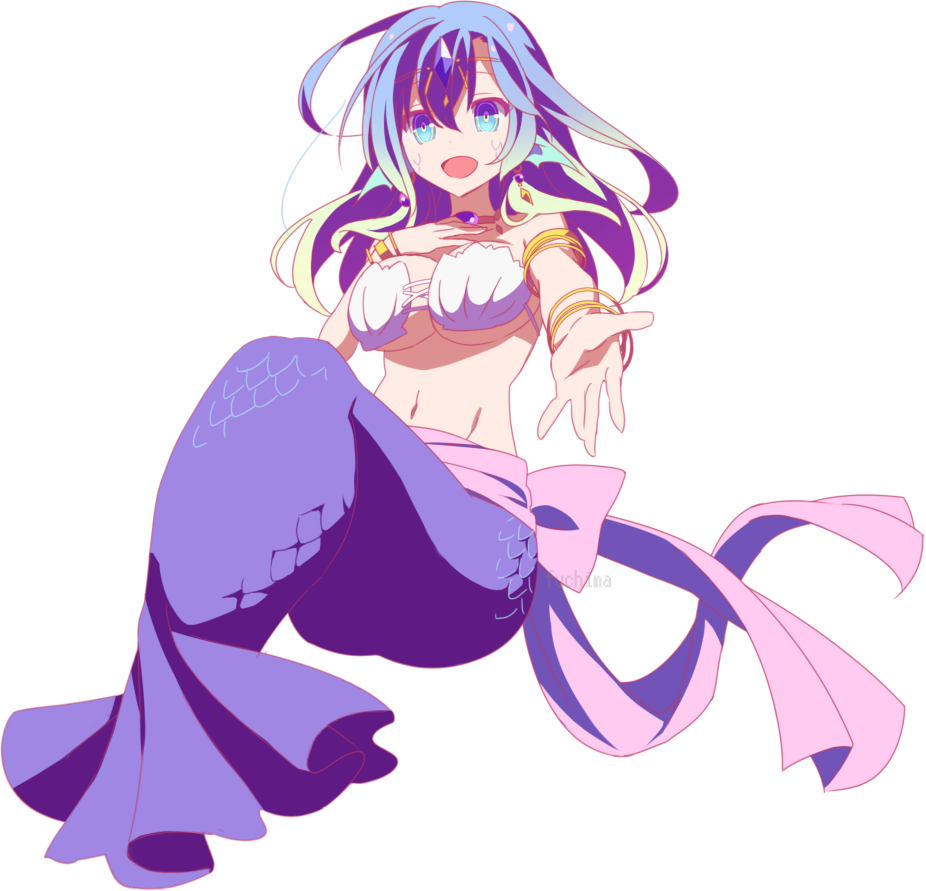 1girl :d bikini_top blue_eyes blue_hair breasts fuchima hair_ornament hand_on_own_chest hip_bones laira_(no_game_no_life) large_breasts mermaid monster_girl multicolored_hair no_game_no_life open_mouth pink_ribbon ribbon smile